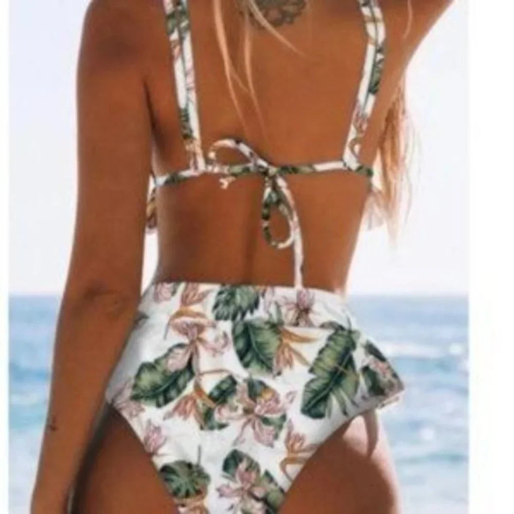 High Waisted White, Brown & Green Leaf Print Bikini Swim Suit